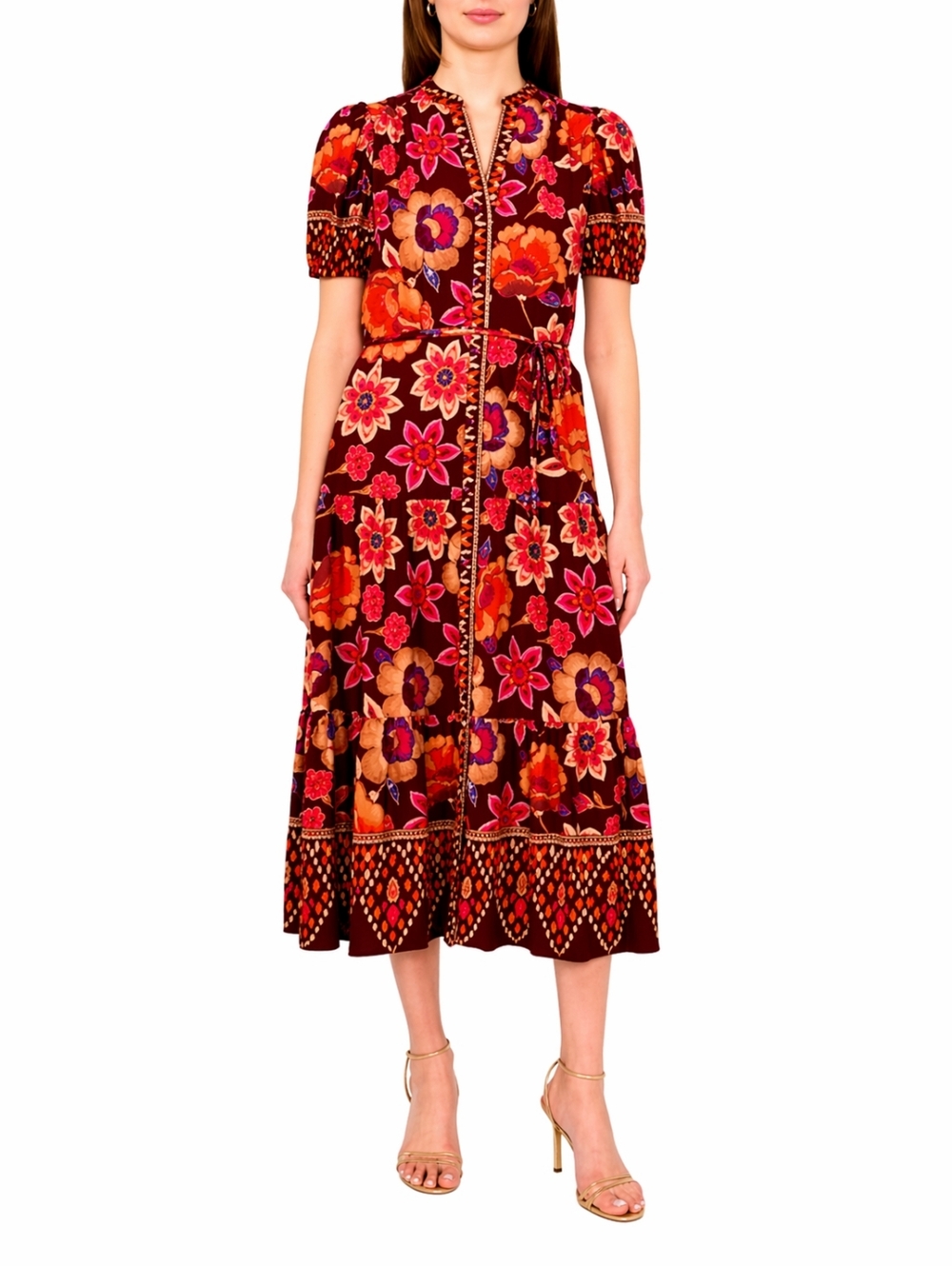 MSK Boho Floral Wrap Midi Dress 10P Petite Tie Waist NWT